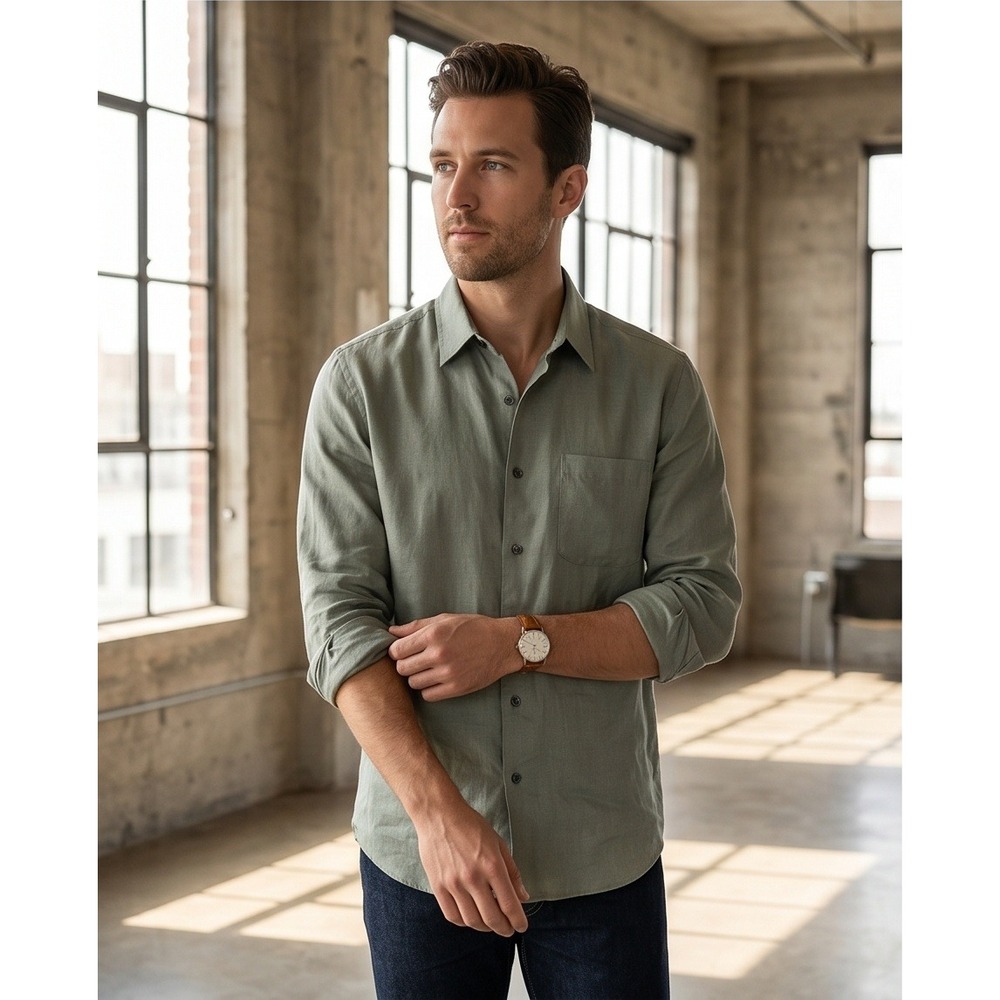 East‎ Island L Vintage Linen Button Down Shirt Weathered American Classic Sage
